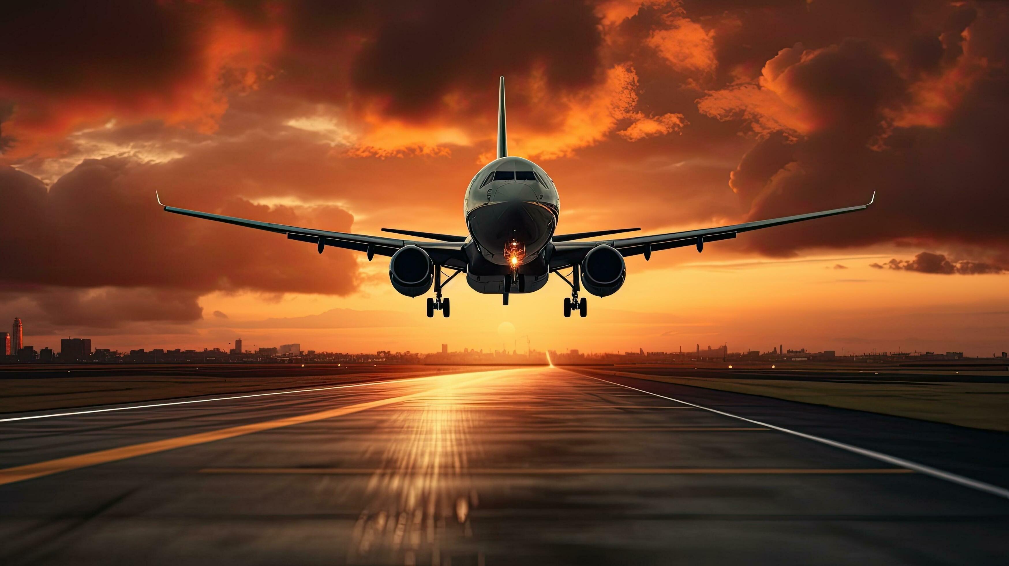 plane-taking-off-and-landing-at-sunset-with-cloudy-sky-free-photo